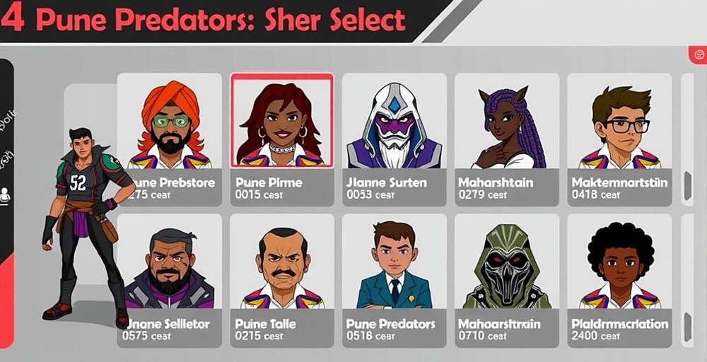 Pune Predators Character Selection Pune Predators character selection screen featuring diverse Maharashtrian characters